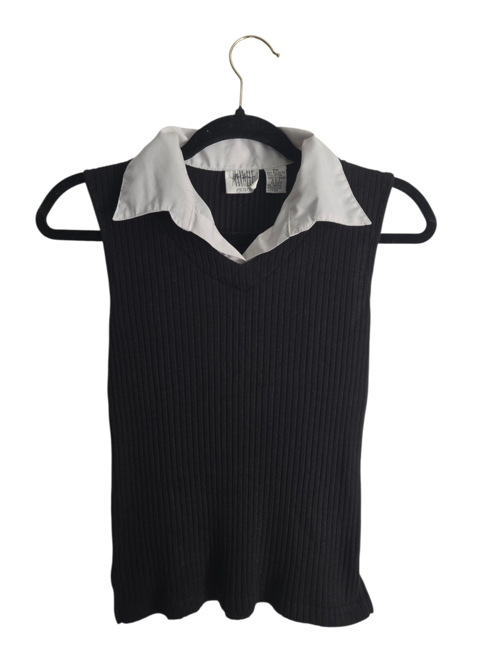 VINTAGE Y2K Jason Maxwell Black Ribbed Sleeveless Shirt with White Collar